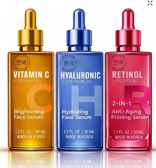 Korean Skincare Serum Set – Vitamin C, Retinol and Hyaluronic Acid Trio Face Serums