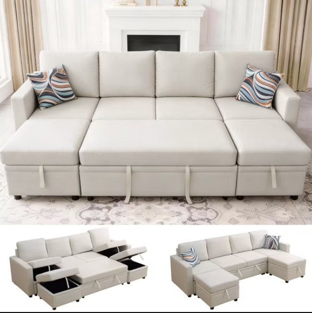 AENKYO 102″ U-Shaped Sectional Sofa Bed, Linen Pull Out Sleeper Couch with Storage Seats for Living Room，White
