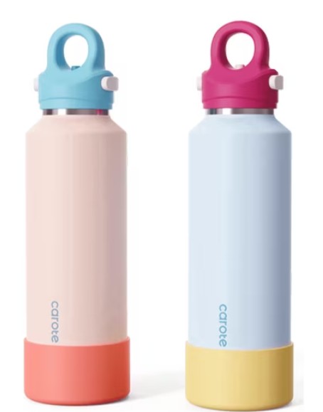 CAROTE 2-Pack 20 oz Insulated Stainless Steel Water Bottles with One-Click Leak-Proof Lids, Carry Loops and Removable Silicone Boots, Dishwasher Safe