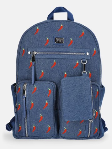 Madden NYC Women’s Double Pocket Dome Backpack with Pouch, Chili Denim