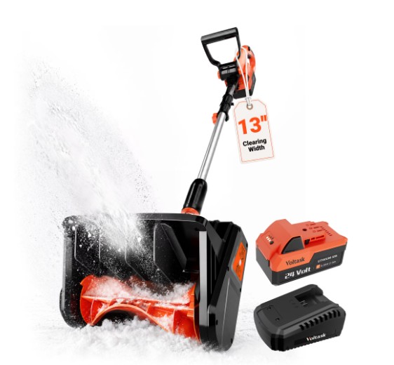 VOLTASK 24V 13-inch Cordless Snow Shovel Electric Snow Blower with Directional Plate, Battery & Quick Charger Included for Driveway & Sidewalks Black