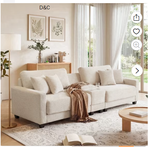 RIAFUN 111.8″ Modular Sectional Sofa, 4-Seat Oversized Corduroy Couch with Storage Box, USB/Type-C Port & 2 Cup Holders for Living Room, Beige