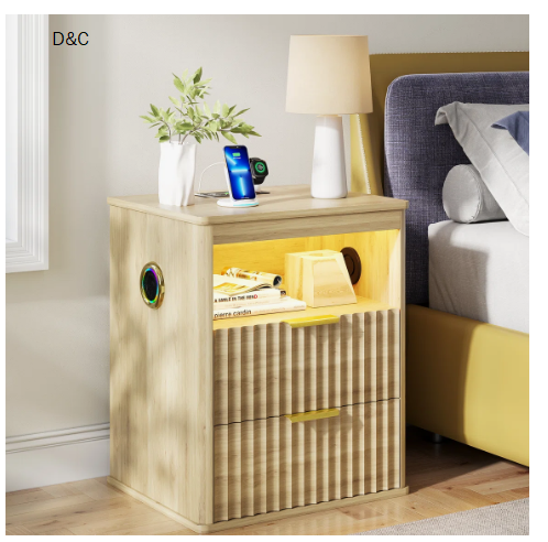 19.7”W Fluted Nightstand with Bluetooth Speaker, RGB Sensor Lights, Wireless Charger