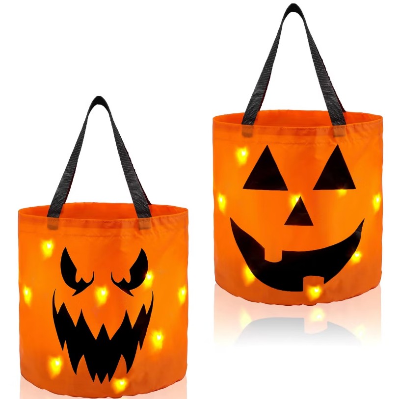 Joyfy 2 PCS LED Light Halloween Trick-or-Treat Bags Halloween Party Favors Birthday Decoration Orange Pumpkin Buckets Reusable Goody Candy Bucket