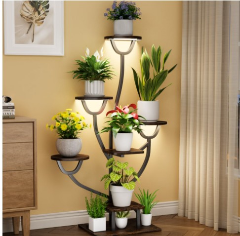 Indoor Plant Stand with Grow Lights, Multi-Tier Metal and Wooden Flower Pot Shelf, 3-Tier LED Grow Light Plant Shelf Rack for Indoor Gardening, Living Room, Balcony, Home Decoration