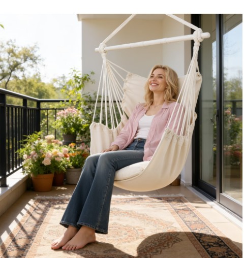 Large Hammock Chair Swing, Relax Hanging Rope Swing Chair with Detachable Metal Support Bar & Two Seat Cushions, Cotton Hammock Chair Swing Seat for Yard Bedroom Patio Porch Indoor Outdoor