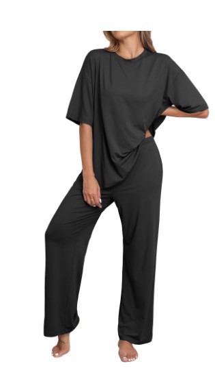 MINTREUS Lounge Sets for Women Knit Short Sleeve Tops and Long Pants Soft Comfy Pajamas Set Oversized 2 Piece Outfits S-4X