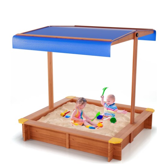 Yexmas 46.5″ Wooden Sandbox with Lid, Outdoor Large Kids Sandbox with Seat,for Yard Lawn Garden