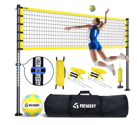 Patiassy 32ft Outdoor Portable Volleyball Net Set System – Adjustable Height Steel Poles, PU Volleyball with Pump and Carrying Bag for Beach Backyard
