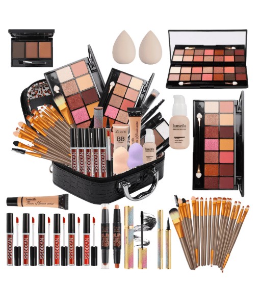 AOLIKOKO All-in-One Makeup Kit for Women – Makeup Set with Storage Bag Include Eyeshadow Palette,Liquid Foundation,Eyeliner Pencils,Contouring Stick,Lip Gloss,20Pcs Makeup Brushes for Teenage Girls