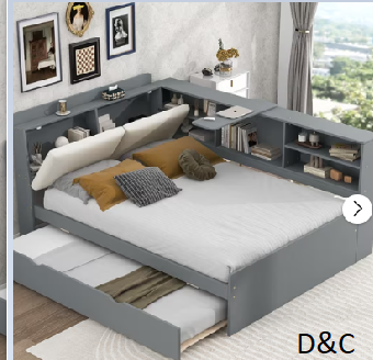 Euroco Full Size Wood Daybed with Trundle and Storage Shelves, Gray