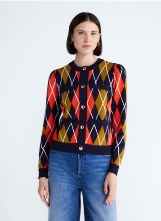 Free Assembly Women’s and Women’s Plus Argyle Cardigan Sweater with Puff Sleeves, Midweight, Sizes XS-4X