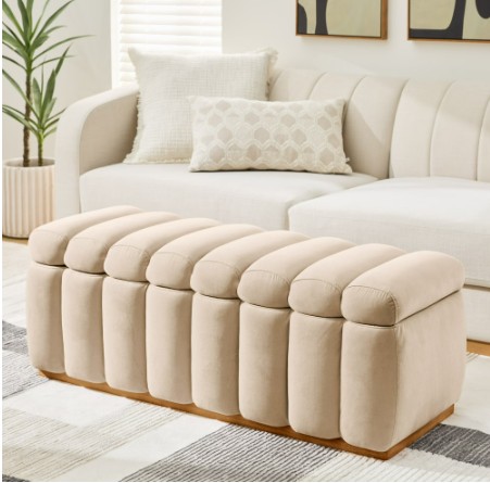 Better Homes & Gardens Lillian Channel Tufted Storage Bench, 47.24 in, Beige Velvet