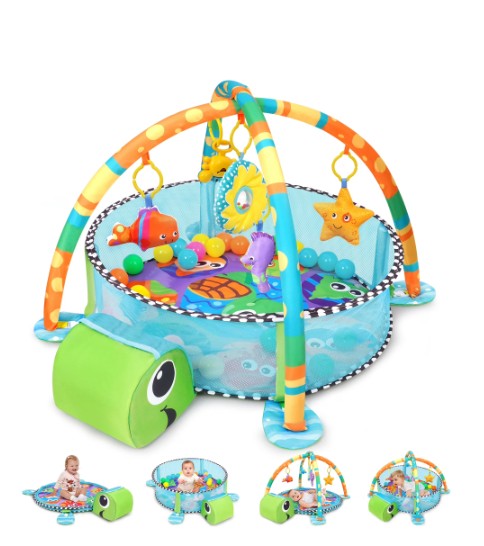 Babyeap 3-in-1 Baby Gym and Play Mat, Baby Activity with Ocean Ball Sensory Toys, 0-36 Months