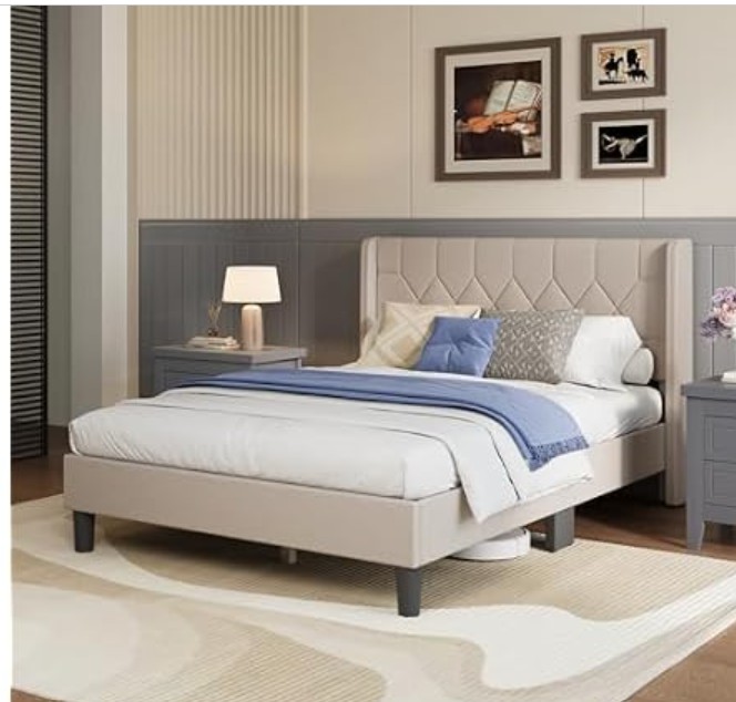 Avenco Full Size Bed Frame, Upholstered Winged Headboard Platform Bed, Easy Tool-Free Assembly & Under Bed Storage, Beige