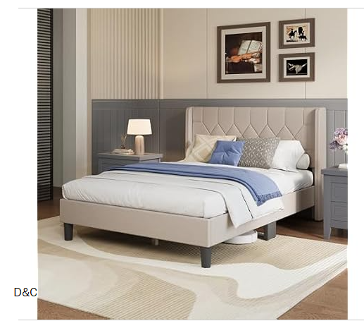 Avenco Full Size Bed Frame, Upholstered Winged Headboard Platform Bed, Easy Tool-Free Assembly & Under Bed Storage, Beige