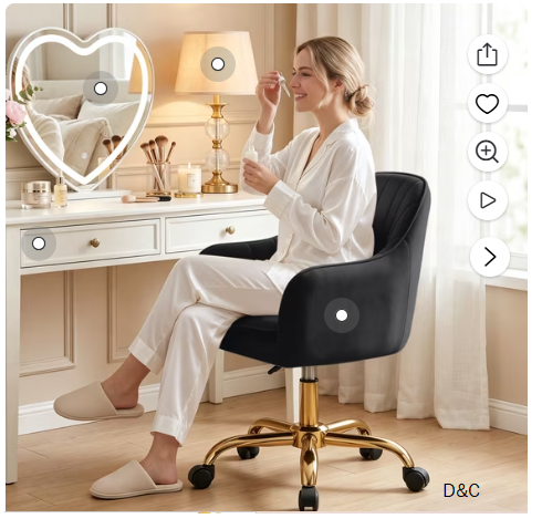 COOLHUT Office Desk Chair with Padded, Velvet Vanity Chair with Back and Wheels, Comfy Home Office Chiar with Gold Legs, Height Adjustable, Rolling Chair for Vanity Room, Makeup Room, Bedroom, Black