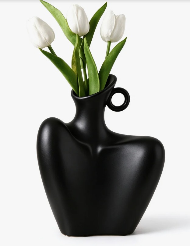 Modern Black Ceramic Collarbone Vase, Abstract Body Sculpture Vase for Home Decor, Living Room Entryway Table Centerpiece
