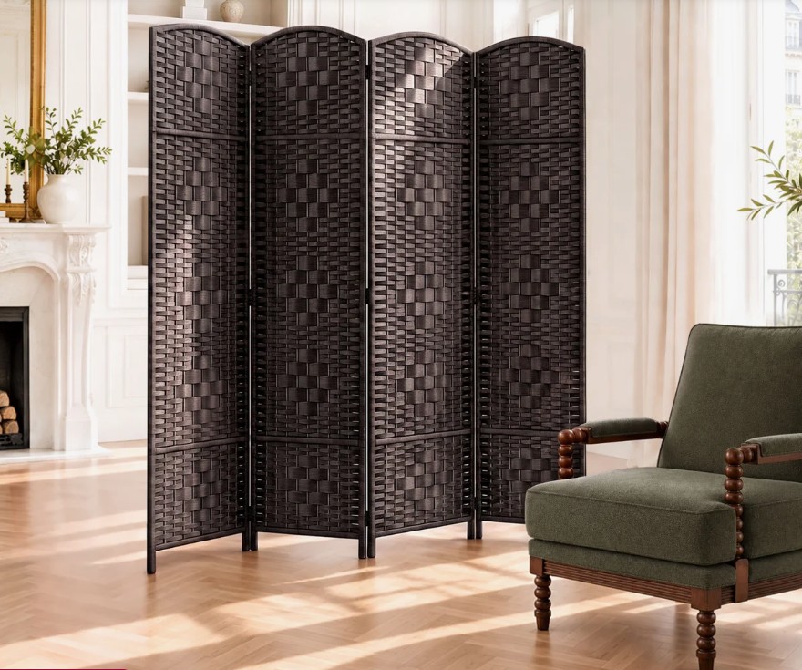 Elmina 6 Ft Folding Room Divider Privacy Screen Home Decor Diamond Weave Fiber Double Hinges