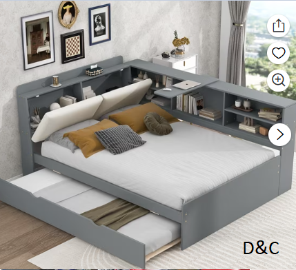 Euroco Full Size Wood Daybed with Trundle and Storage Shelves, Gray