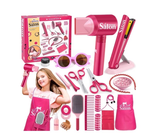 Adofi Girl Toys, 22 Pieces Play Hair Salon with Realistic Blow Dryer, Straightener, Pretend Play Makeup for Little Girls, Kids Makeup Set for Girls, Toys for Girls 3 6 Years, Girls Toys Ages 4 6