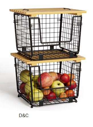 TINANA Stackable Fruit Baskets with Bamboo Top: 2 Pack Pantry Organizer for Kitchen Counter, Storage Wire Organizing Basket for Fruit, Vegetable, Bread- Black