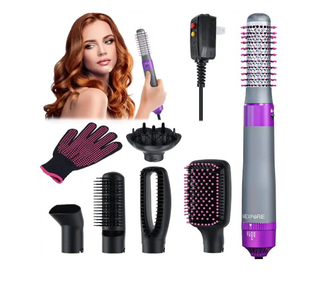 NEXPURE – 6 in 1 Hair Dryer Brush Hot Air Styler Straightener Curler Volumizer Ionic 3 Heat Settings – Purple