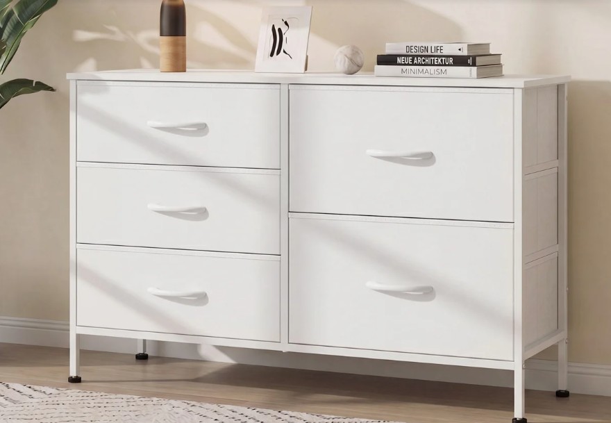 Chaseburg 5-Drawer Dresser with Wooden, 39.4” W Dresser With Steel Frame, Wide Chest of Drawer For Hallway, Bedroom Dresser