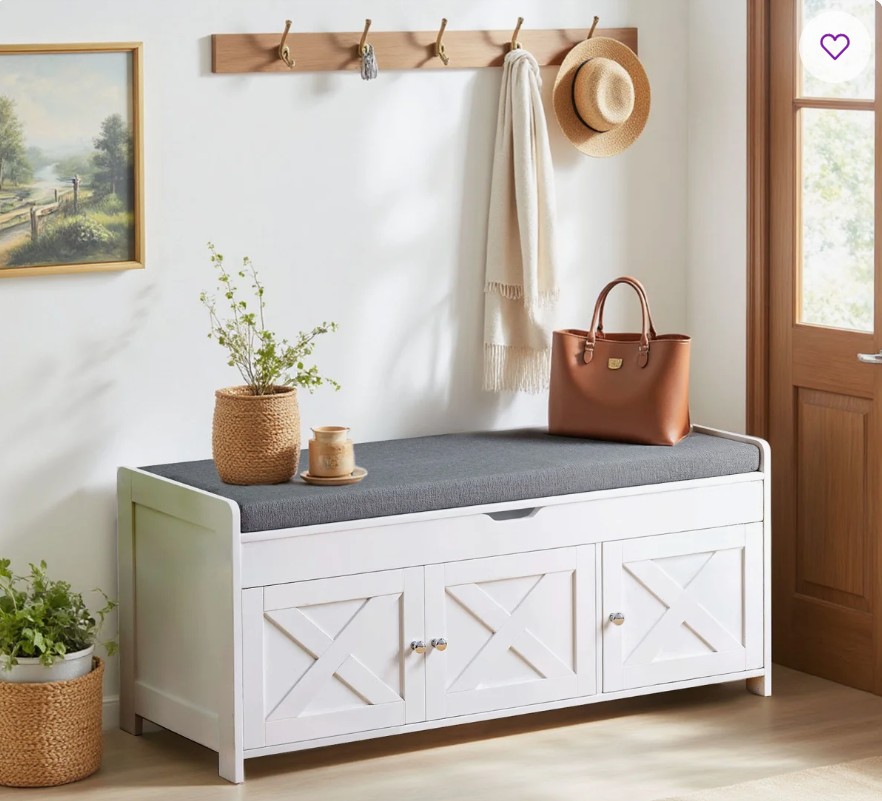39.5″ Shoe Storage Bench with Lift-Top Storage and Removable Cushion, Shoe Bench with Barn Doors and Adjustable Shelf for Entryway, Bedroom