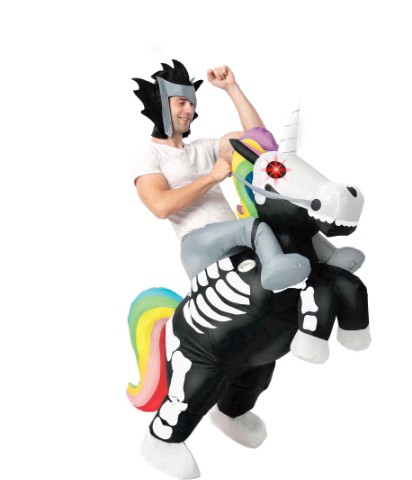Joyfy Halloween Inflatable Costume for Adults,Blow Up Ride-On Skeleton Unicorn Costume with LED Light Eyes for Halloween Dress Up Party