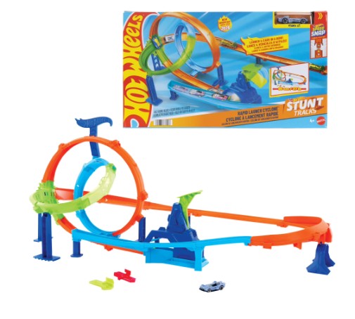 Hot Wheels Stunt Tracks Rapid Launch Cyclone Track Set & 1:64 Scale Die-Cast Toy Car