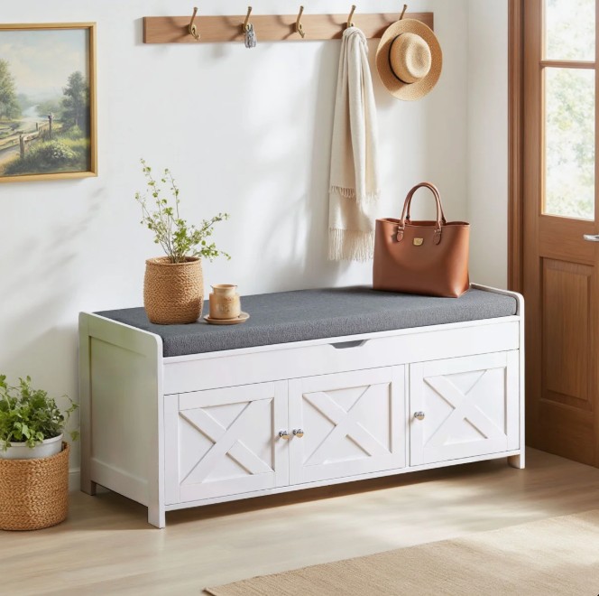 39.5″ Shoe Storage Bench with Lift-Top Storage and Removable Cushion, Shoe Bench with Barn Doors and Adjustable Shelf for Entryway, Bedroom