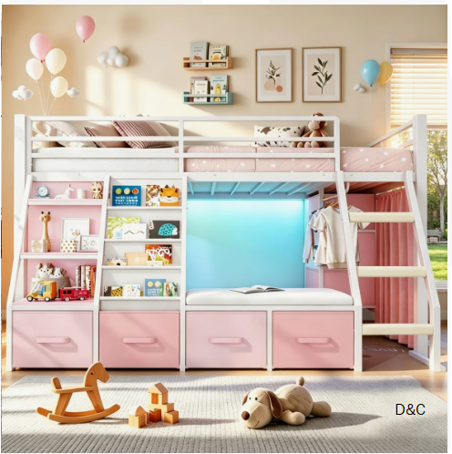 Low Loft Bed with Built-in Cushioned Seat & LED Reading Corner & 7 Storage Drawers & Bookshelves Metal Under-bed Play House Captain Bed with Curtain