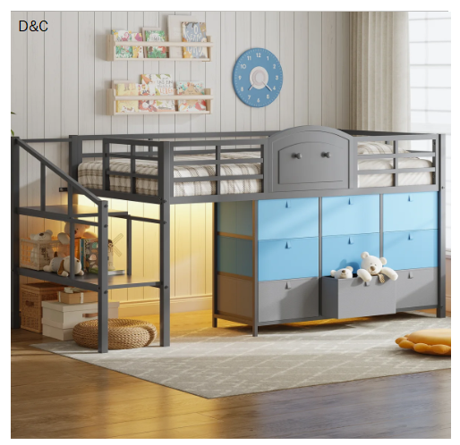 Low Loft Bed with 9 Drawers, Full Size Metal Loft Bed with LED Lights & Under-Bed Hideaway Space, Gray
