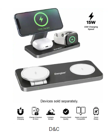 Energizer – 3-in-1 15W Magnetic MagSafe/Qi2 Fast 15W, Universal Charging Station/Stand for Phones + AirPods + Apple Watch – Black