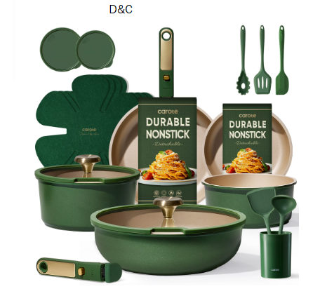 CAROTE 21-Piece Nonstick Pots and Pans Set, Cookware Set with Detachable Handle and Lids, Induction Compatible, Green