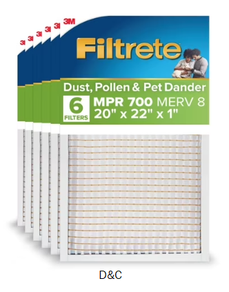 Filtrete 20x22x1 HVAC Furnace Air Filter, MPR 700 MERV 8, Dust, Pollen & Pet Dander Reduction, 6 Pack