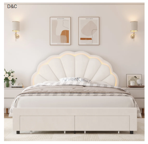 Burlyn Upholstered LED Bed Frame with Drawer & Adjustable Headboard