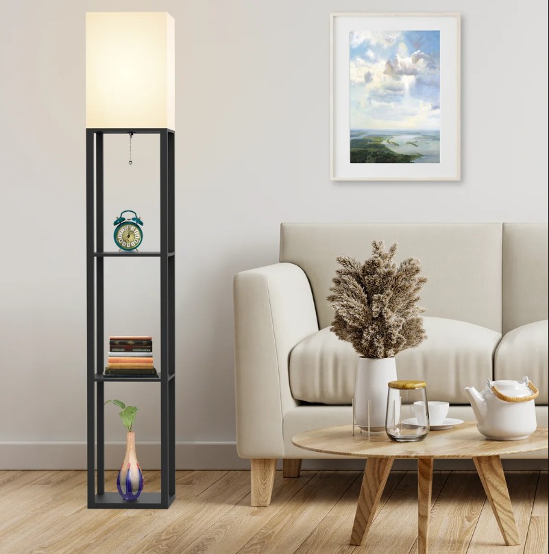 Emonnie 62.9″ Column Floor Lamp with Shelves, Real Solid Wood and Bulb Included