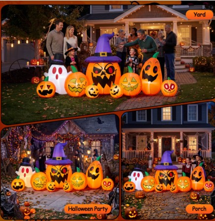 GVDV 8FT Halloween Inflatables Pumpkin Decorations with Witch Hat & Build-in LEDs, Halloween Blow Ups Indoor/Outdoor Decor for Party, Yard, Lawn