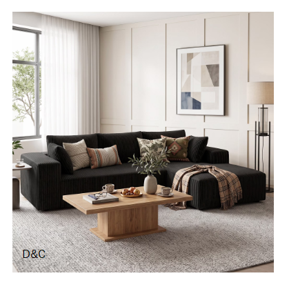 OMNIBERG L-Shaped Boneless Modular Sectional Sofa, Corduroy Cloud Couch with Reversible Chaise, Deep Seat, 10-Inch Armrests and 5 Pillows for Living Room, Black(Right Facing Chaise)