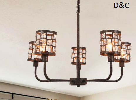 5 Light Dimmable Farmhouse Chandelier, Retro Iron Rust Lighting With Crystal Decorations\