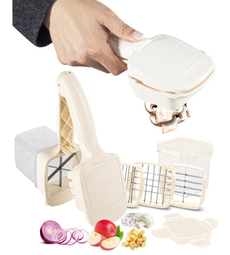 NutriChopper Cream Handheld Vegetable and Fruit Chopper with 4 Stainless Steel Blades & Catch Container