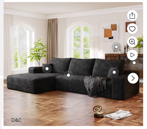 Muumblus 107″ Cloud Sectional Sofa with Left Chaise, Cozy L-Shaped Modular Sofa, Plush Corduroy Sleeper Bed Couch, No Assembly Required, Black