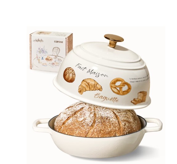 CAROTE 2.11 QT Cast Iron Bread Oven with Lid, Round Dutch Oven for Bread Baking, Cream White with Bakery Design