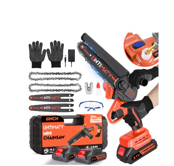 UNTIMATY Mini Chainsaw 6 Inch, 21V Cordless Electric Chainsaw with 2 Batteries & 2 Chains, Safety Lock, Handheld Chain Saw for Tree Trimming Wood Cutting Pruning