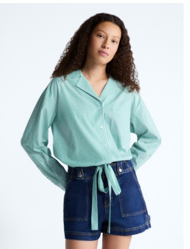 Free Assembly Women’s and Women’s Plus Cotton Poplin Tie Waist Shirt with Long Sleeves, Sizes XS-4X