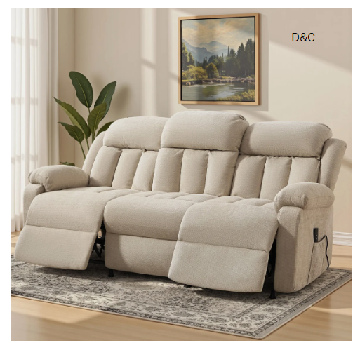 3-Seat Power Reclining Sofa With Remote Control, Oversized Reclining Couch For Living Room, Beige Chenille