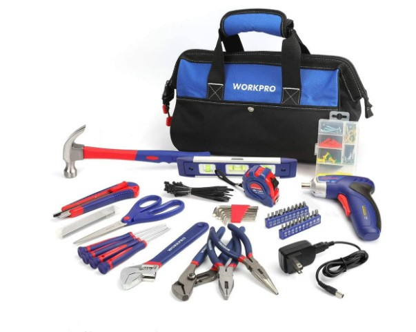 WORKPRO 125-Piece Household Tool Kit – 3.6V Rechargeable Screwdriver & Home Repair Basic Tool Set with 13-inch Easy Carrying Tools Bag, 125 Pcs (W009068A)