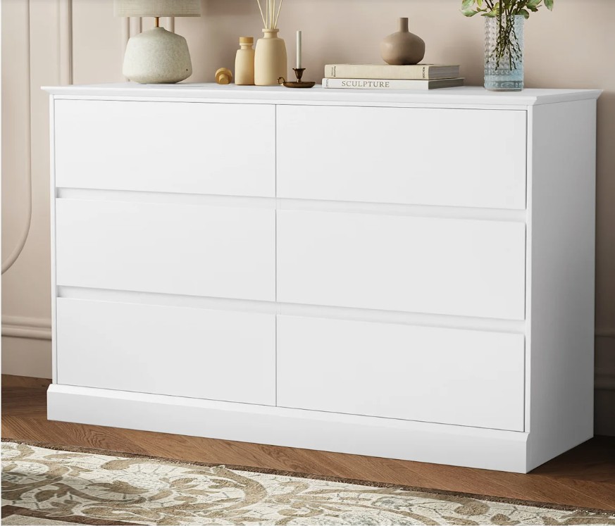 Dornisha 6 Drawer Double Dresser, 47.2″ Chest Of Drawers, Modern Bedroom Dresser for Closet and Living Room, White